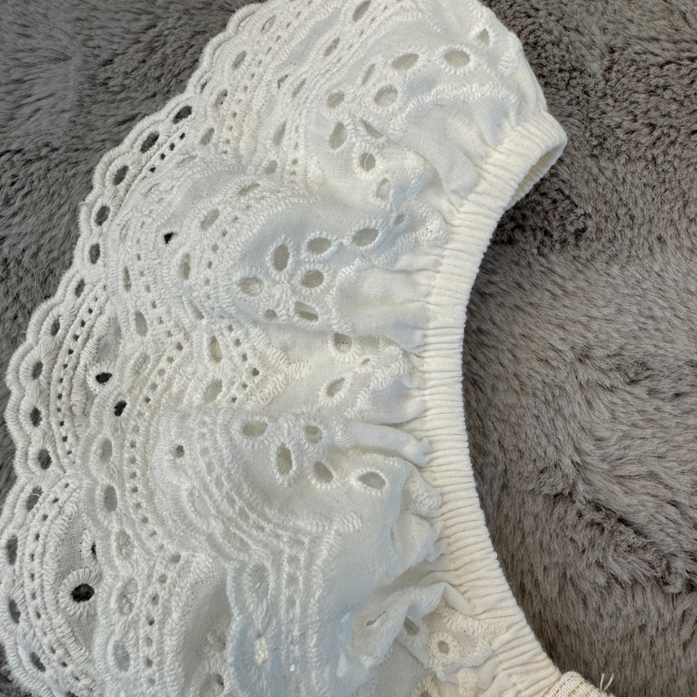 White w/ Metallic Thread Smocked Eyelet Ruffle Sleeve Tiered Mini Dress Small - Picture 13 of 16